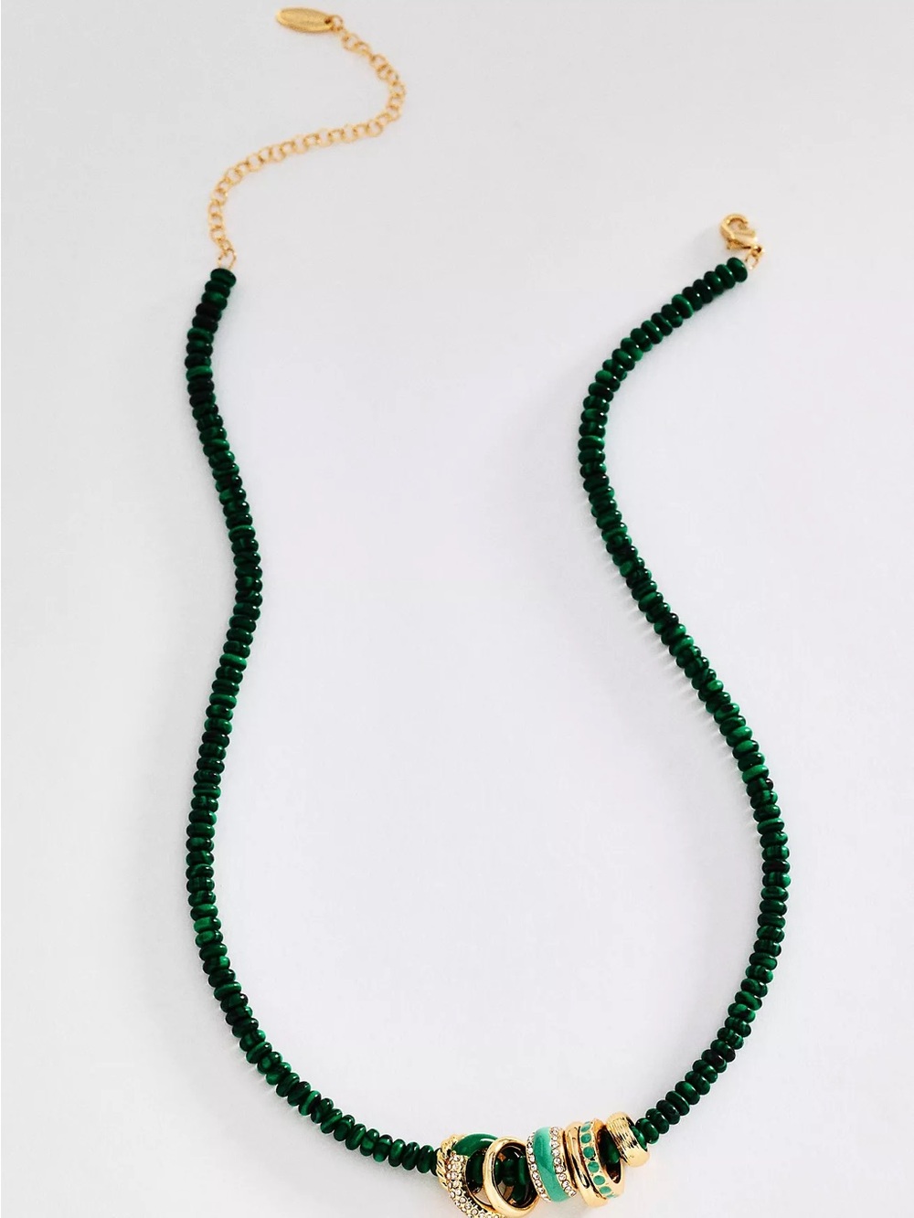 Anthropologie Emerald Green Beaded Necklace with Gold Ring